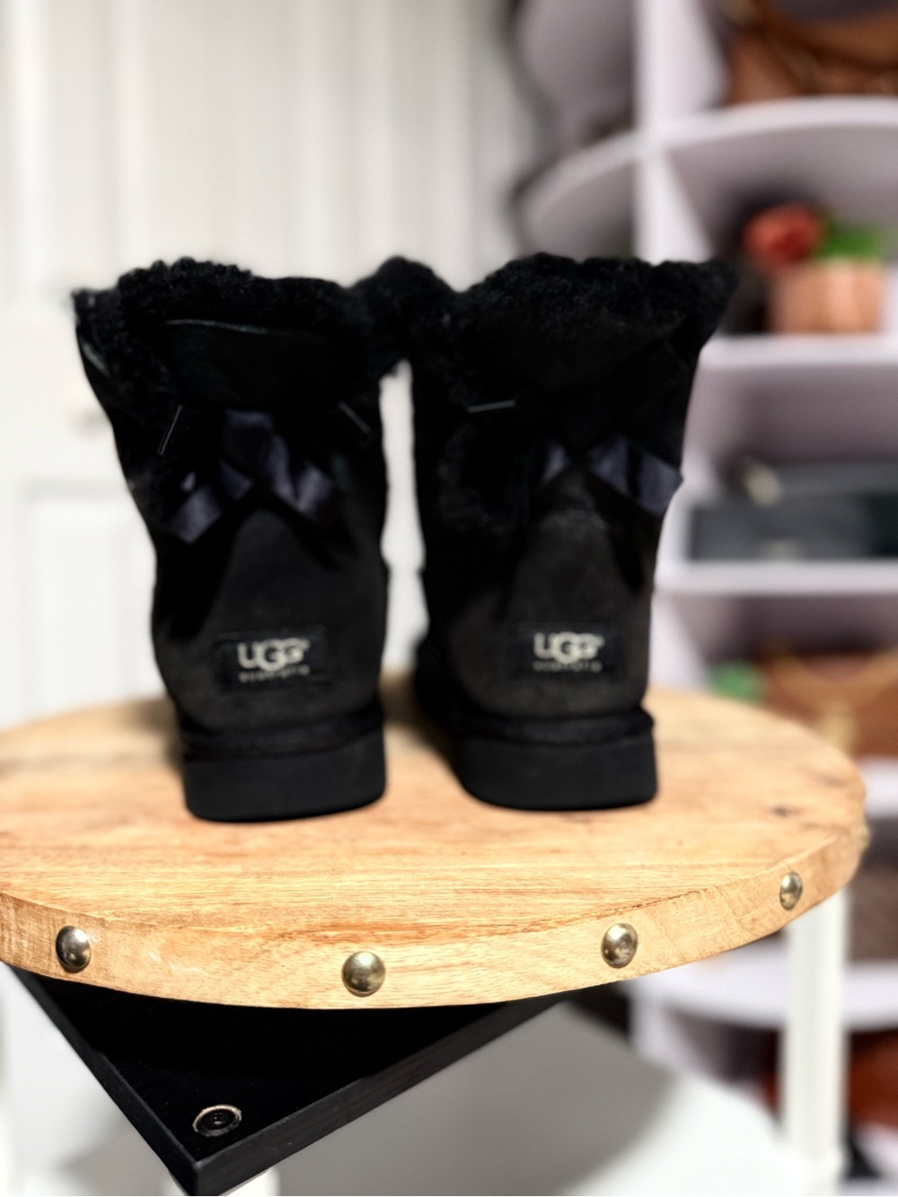 UGG Black Suede Short Booties with Back Bow